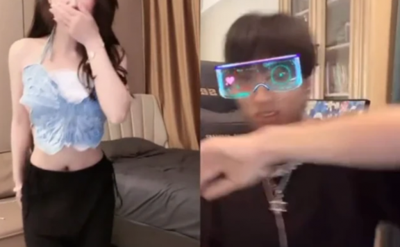 抖音陈一一蝴蝶战衣直播，连麦男主播直呼难为情